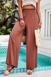 Elastic Waist Band Smocked Wide Leg Pants with Pockets-Elastic waist smocked wide leg pants in copper brown with pockets. Lightweight viscose trousers perfect for casual, vacation, and everyday boho-chic style.-Reef Love