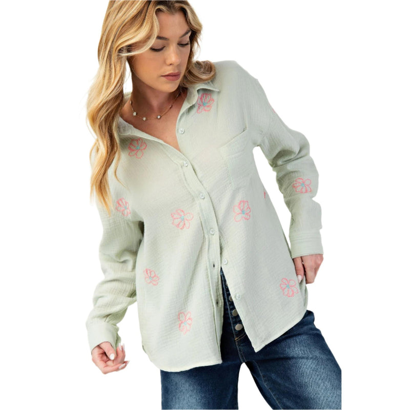 Embo detailed cotton gauze button down shirt