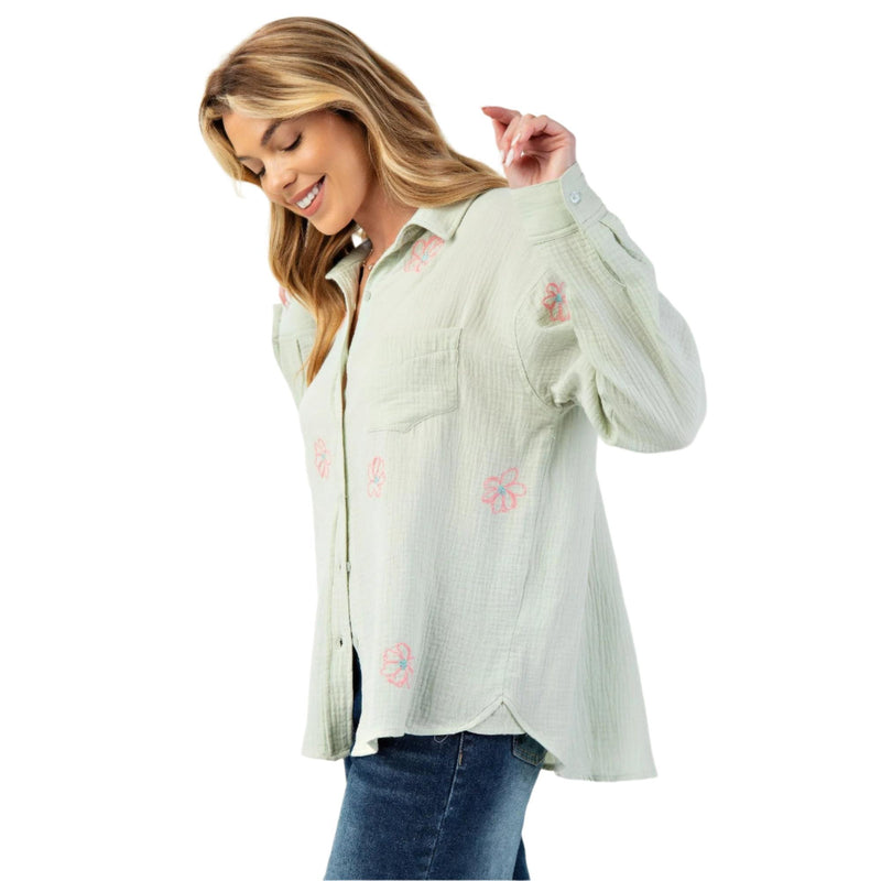 Embo detailed cotton gauze button down shirt