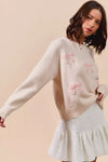 Embroidered Blush Pink Ribbon Sweater-Embroidered Blush Pink Ribbon Bow Round Neck Sweater. Perfect for adding a delicate touch to your outfit. Embroidery bows add a unique and stylish element.