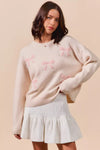 Embroidered Blush Pink Ribbon Sweater-Embroidered Blush Pink Ribbon Bow Round Neck Sweater. Perfect for adding a delicate touch to your outfit. Embroidery bows add a unique and stylish element.