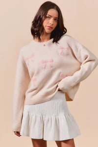 Embroidered Blush Pink Ribbon Sweater-Embroidered Blush Pink Ribbon Bow Round Neck Sweater. Perfect for adding a delicate touch to your outfit. Embroidery bows add a unique and stylish element.