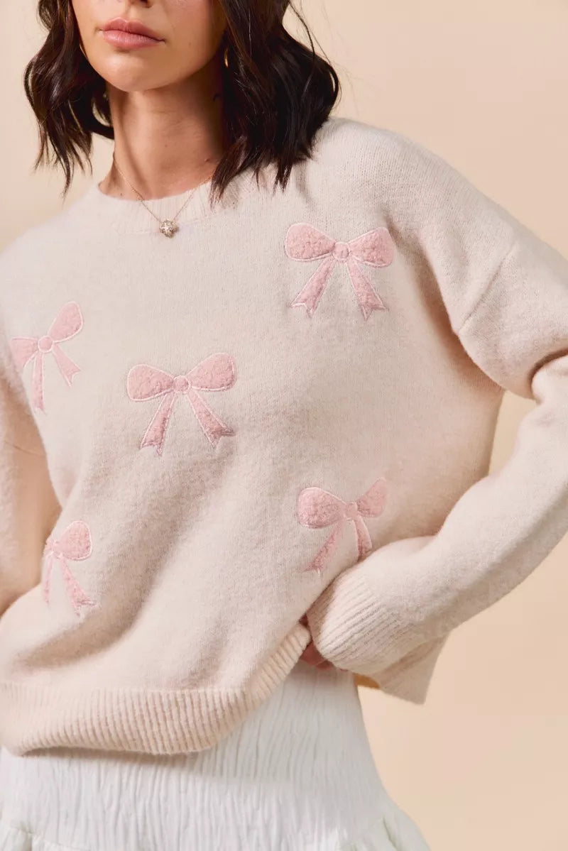 Embroidered Blush Pink Ribbon Sweater-Embroidered Blush Pink Ribbon Bow Round Neck Sweater. Perfect for adding a delicate touch to your outfit. Embroidery bows add a unique and stylish element.