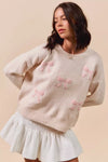 Embroidered Blush Pink Ribbon Sweater-Embroidered Blush Pink Ribbon Bow Round Neck Sweater. Perfect for adding a delicate touch to your outfit. Embroidery bows add a unique and stylish element.