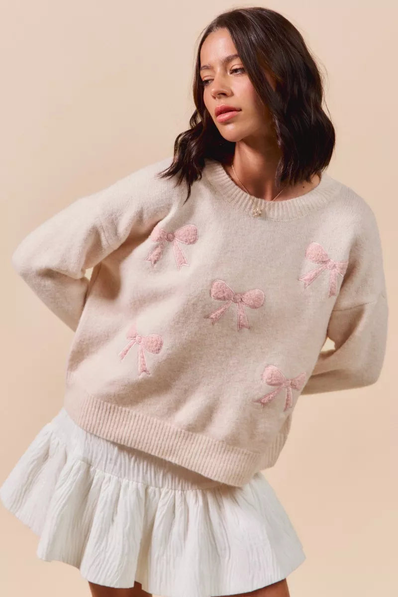 Embroidered Blush Pink Ribbon Sweater-Embroidered Blush Pink Ribbon Bow Round Neck Sweater. Perfect for adding a delicate touch to your outfit. Embroidery bows add a unique and stylish element.