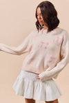 Embroidered Blush Pink Ribbon Sweater-Embroidered Blush Pink Ribbon Bow Round Neck Sweater. Perfect for adding a delicate touch to your outfit. Embroidery bows add a unique and stylish element.