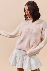 Embroidered Blush Pink Ribbon Sweater-Embroidered Blush Pink Ribbon Bow Round Neck Sweater. Perfect for adding a delicate touch to your outfit. Embroidery bows add a unique and stylish element.