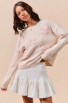 Embroidered Blush Pink Ribbon Sweater-Embroidered Blush Pink Ribbon Bow Round Neck Sweater. Perfect for adding a delicate touch to your outfit. Embroidery bows add a unique and stylish element.