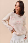 Embroidered Blush Pink Ribbon Sweater-Embroidered Blush Pink Ribbon Bow Round Neck Sweater. Perfect for adding a delicate touch to your outfit. Embroidery bows add a unique and stylish element.
