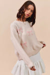 Embroidered Blush Pink Ribbon Sweater-Embroidered Blush Pink Ribbon Bow Round Neck Sweater. Perfect for adding a delicate touch to your outfit. Embroidery bows add a unique and stylish element.