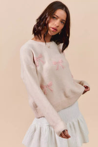 Embroidered Blush Pink Ribbon Sweater-Embroidered Blush Pink Ribbon Bow Round Neck Sweater. Perfect for adding a delicate touch to your outfit. Embroidery bows add a unique and stylish element.