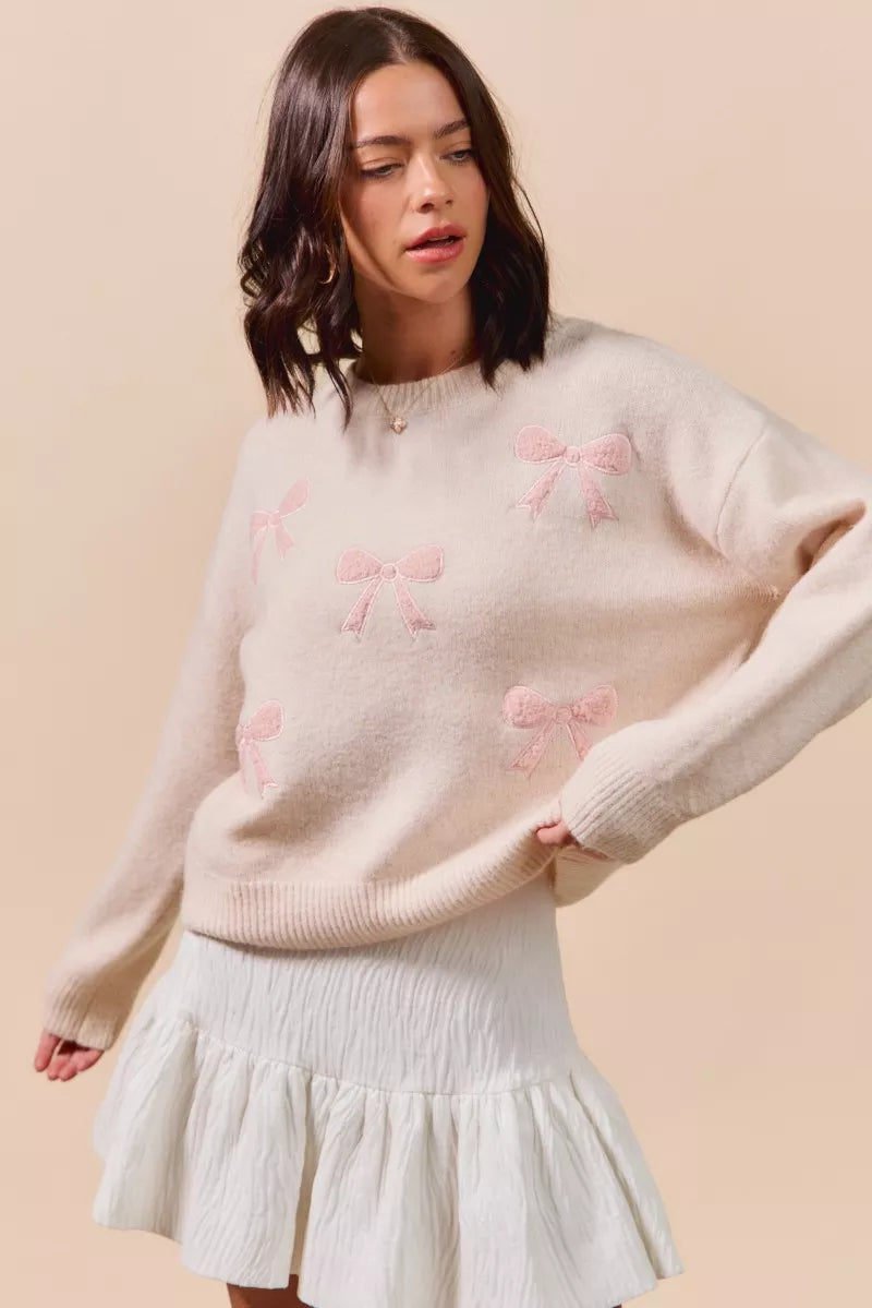 Embroidered Blush Pink Ribbon Sweater-Embroidered Blush Pink Ribbon Bow Round Neck Sweater. Perfect for adding a delicate touch to your outfit. Embroidery bows add a unique and stylish element.