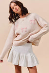 Embroidered Blush Pink Ribbon Sweater-Embroidered Blush Pink Ribbon Bow Round Neck Sweater. Perfect for adding a delicate touch to your outfit. Embroidery bows add a unique and stylish element.