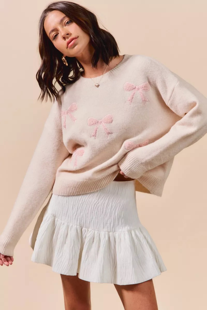 Embroidered Blush Pink Ribbon Sweater-Embroidered Blush Pink Ribbon Bow Round Neck Sweater. Perfect for adding a delicate touch to your outfit. Embroidery bows add a unique and stylish element.