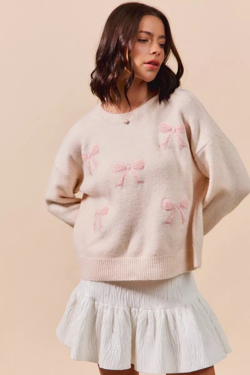 Embroidered Blush Pink Ribbon Sweater-Embroidered Blush Pink Ribbon Bow Round Neck Sweater. Perfect for adding a delicate touch to your outfit. Embroidery bows add a unique and stylish element.