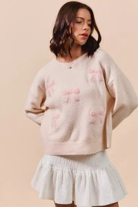 Embroidered Blush Pink Ribbon Sweater-Embroidered Blush Pink Ribbon Bow Round Neck Sweater. Perfect for adding a delicate touch to your outfit. Embroidery bows add a unique and stylish element.