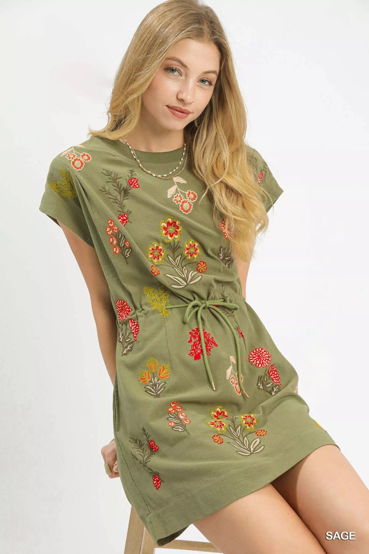 Embroidered Floral Mini Dress with Waist Tie, Sage Green- Boho Chic Styles by Reef Love