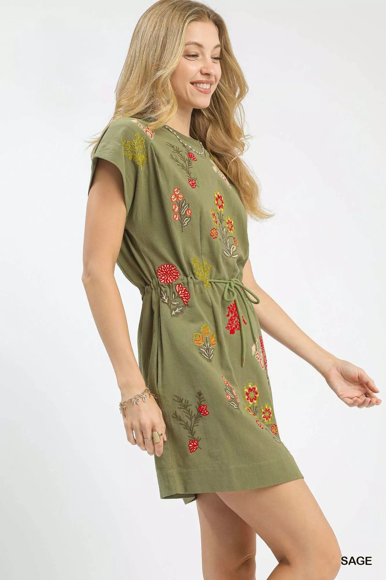 Embroidered Floral Mini Dress with Waist Tie, Sage Green- Boho Chic Styles by Reef Love