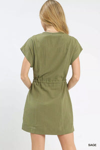 Embroidered Floral Mini Dress with Waist Tie, Sage Green- Boho Chic Styles by Reef Love