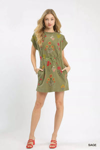 Embroidered Floral Mini Dress with Waist Tie, Sage Green- Boho Chic Styles by Reef Love