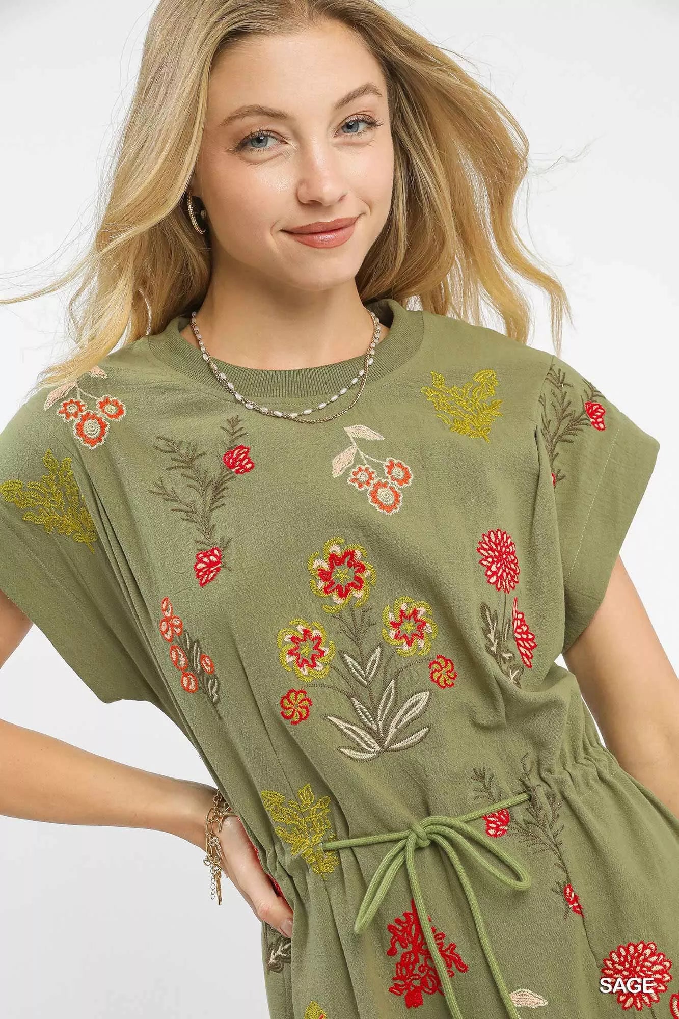 Embroidered Floral Mini Dress with Waist Tie, Sage Green- Boho Chic Styles by Reef Love