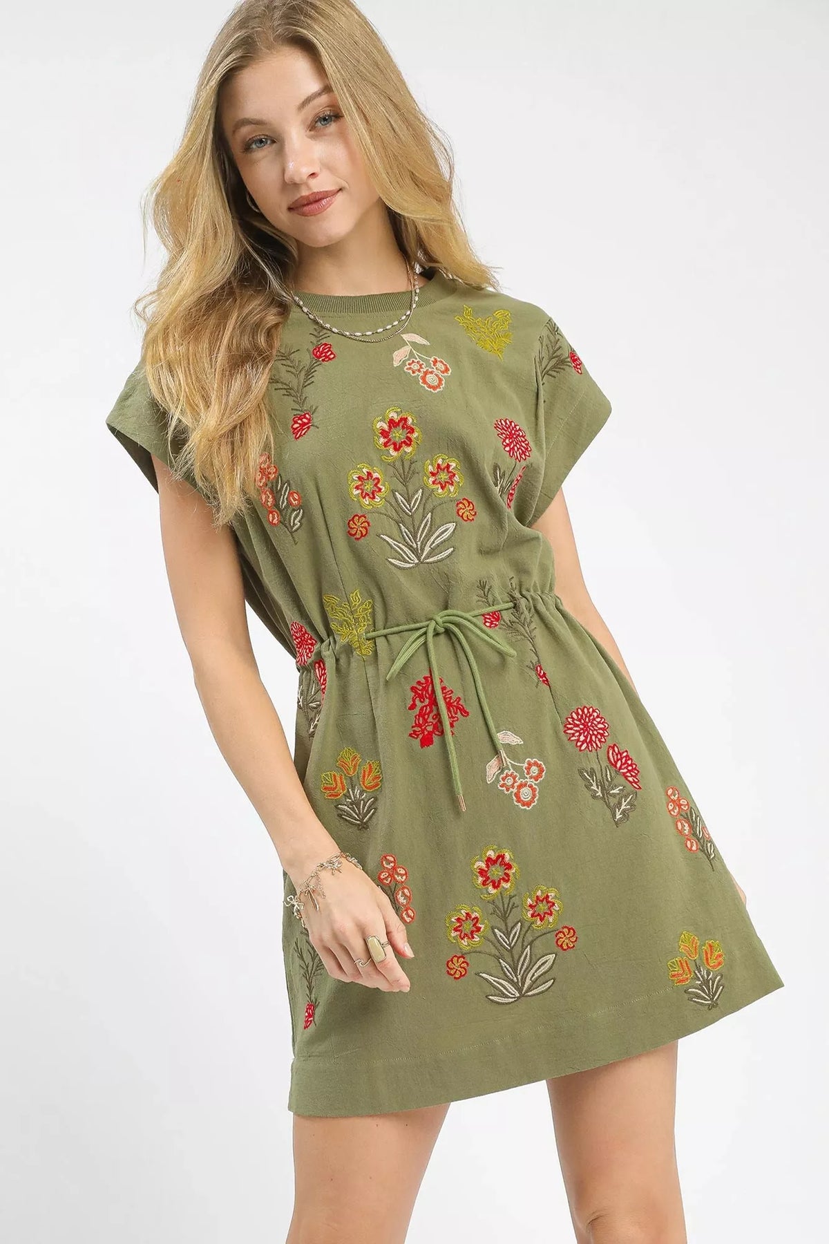Embroidered Floral Mini Dress with Waist Tie, Sage Green- Boho Chic Styles by Reef Love