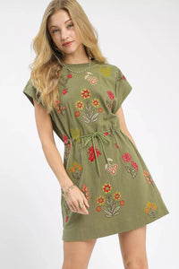 Embroidered Floral Mini Dress with Waist Tie, Sage Green- Boho Chic Styles by Reef Love