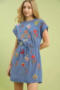 Embroidered Floral Mini Dress with Waist Tie-Reef Love
