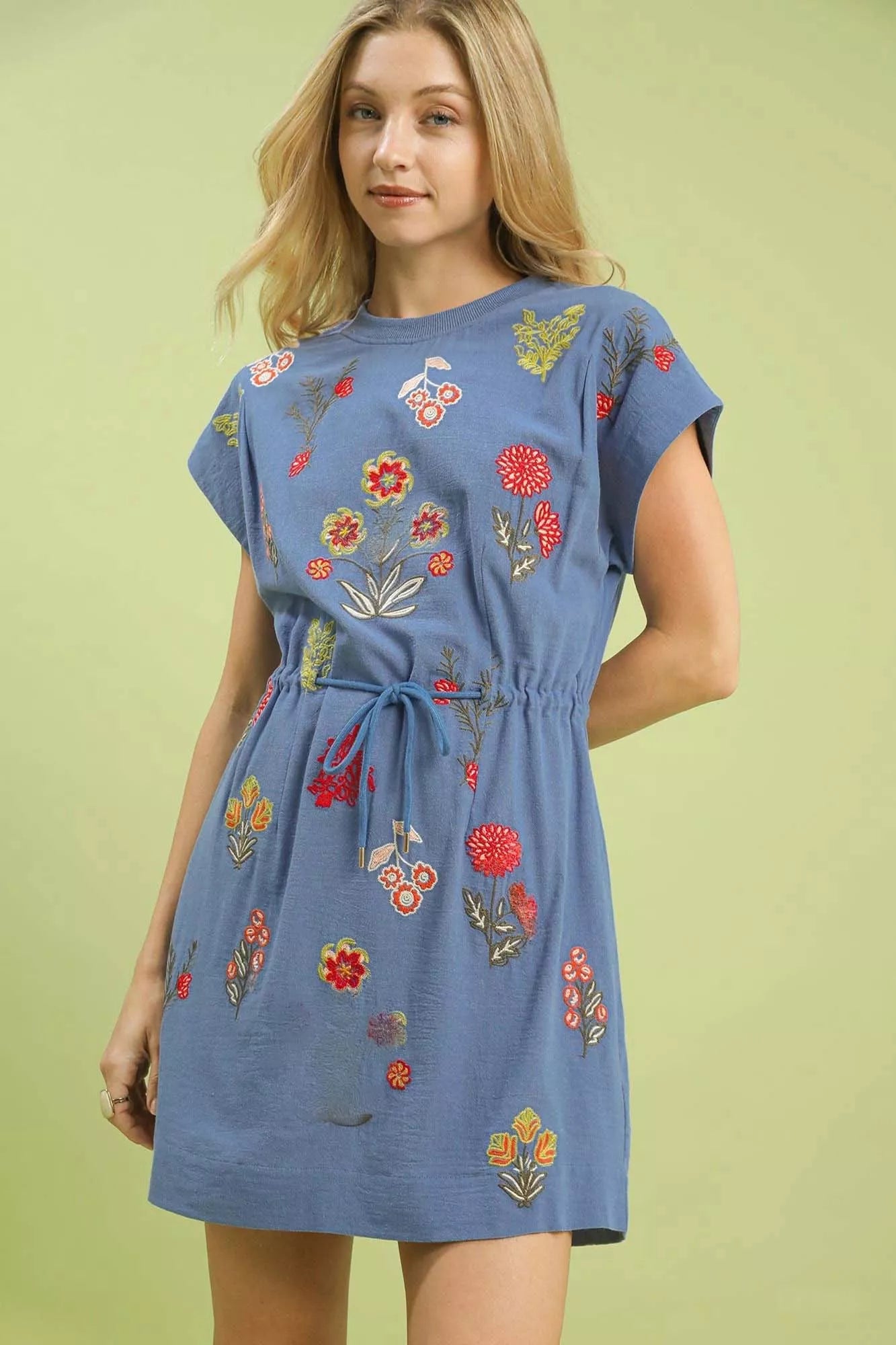 Embroidered Floral Mini Dress with Waist Tie-Reef Love