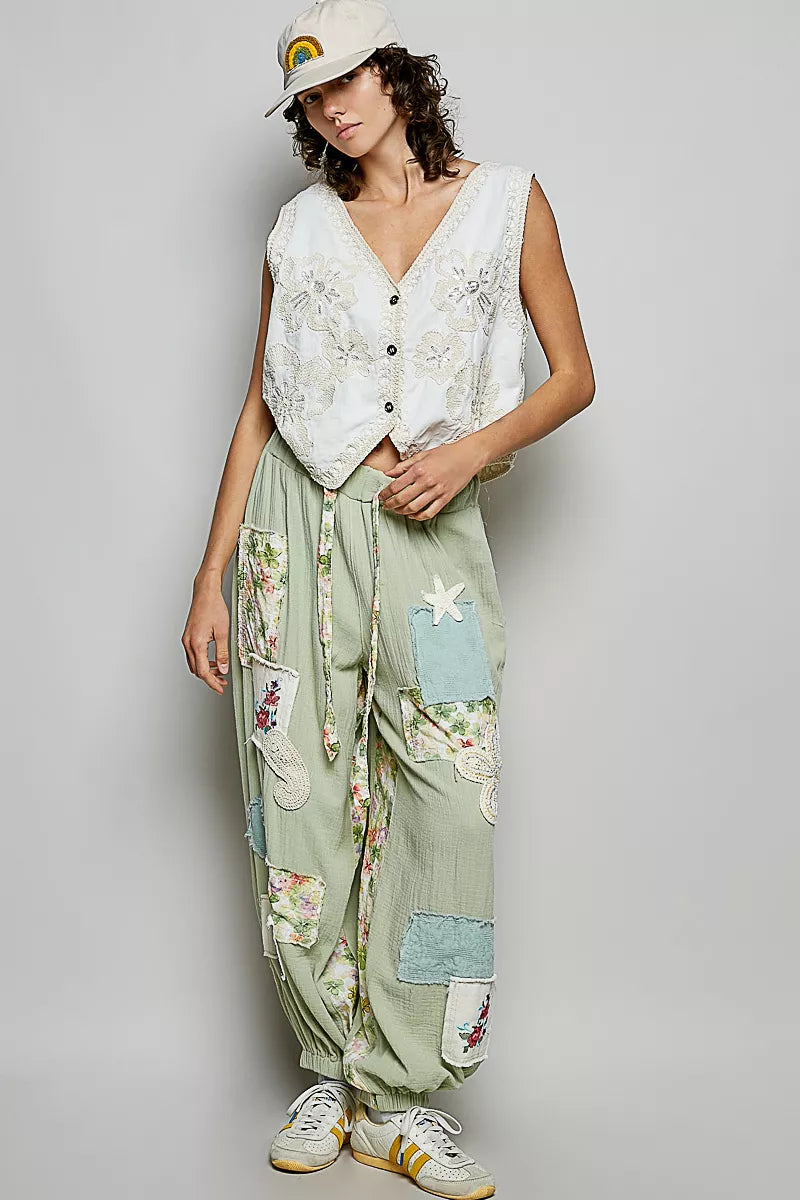 Embroidered Floral V-Neck Button Down Crochet Sleeveless Top-Reef Love