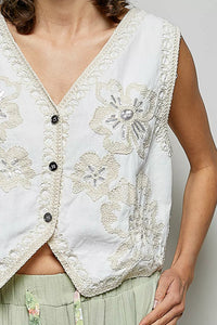 Embroidered Floral V-Neck Button Down Crochet Sleeveless Top-Reef Love