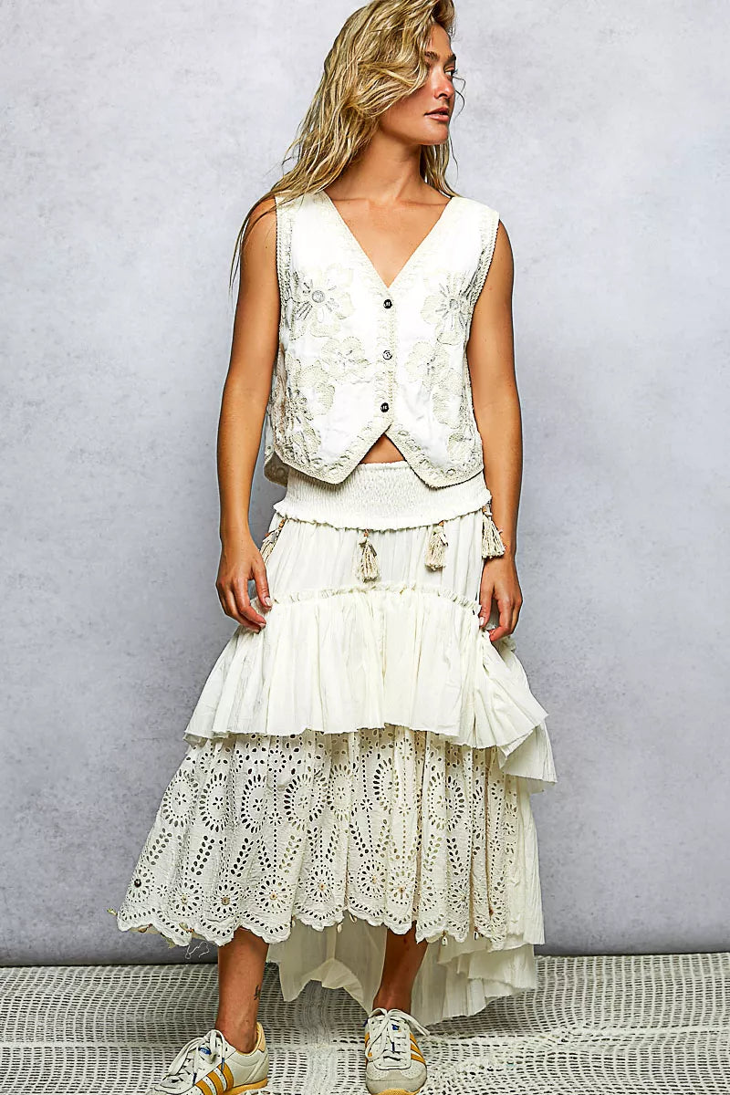 Embroidered Floral V-Neck Button Down Crochet Sleeveless Top-Reef Love