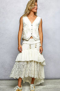 Embroidered Floral V-Neck Button Down Crochet Sleeveless Top-Reef Love