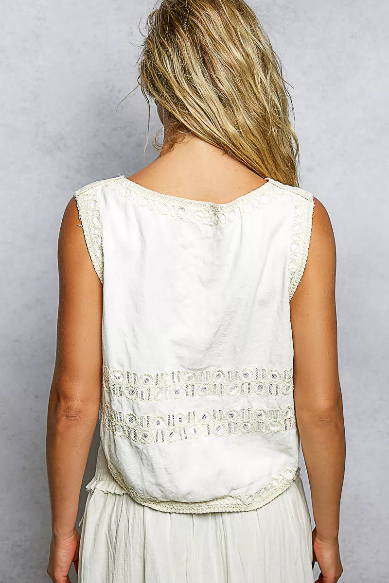 Embroidered Floral V-Neck Button Down Crochet Sleeveless Top-Reef Love