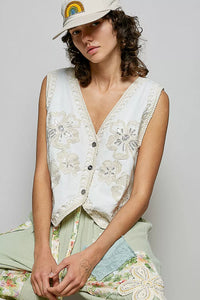 Embroidered Floral V-Neck Button Down Crochet Sleeveless Top-Reef Love