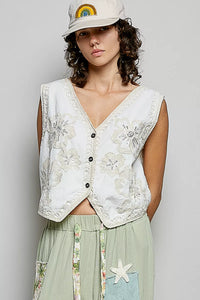 Embroidered Floral V-Neck Button Down Crochet Sleeveless Top-Reef Love