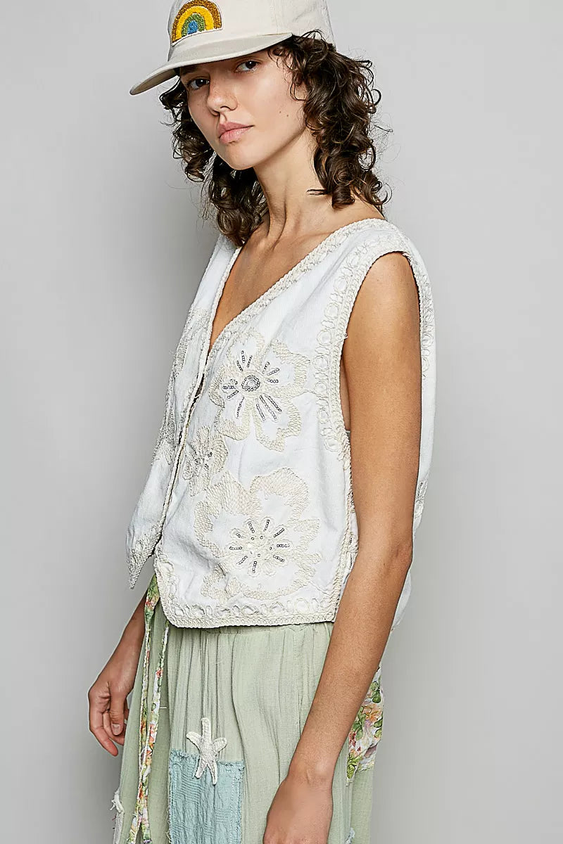 Embroidered Floral V-Neck Button Down Crochet Sleeveless Top-Reef Love