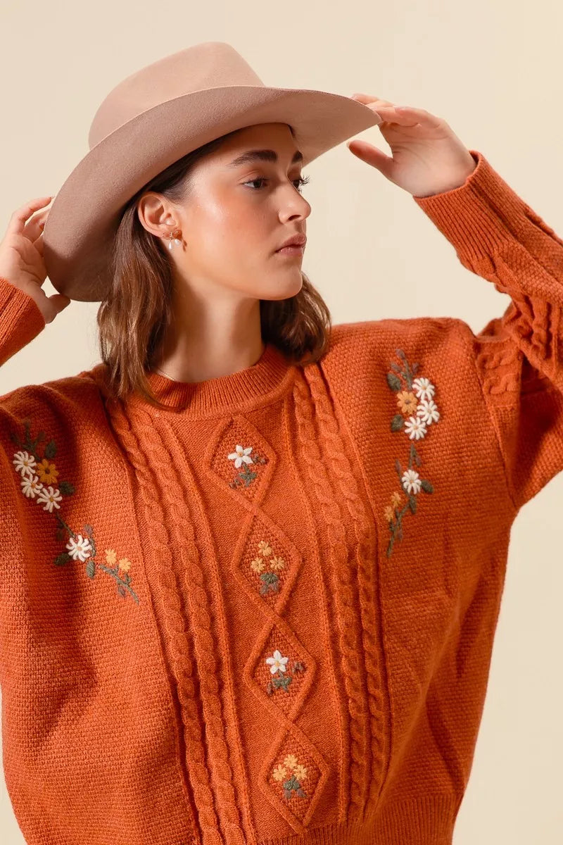 トップス andequal flower cable design knit Embroidered Flower Cable Knitted Sweater – Reef Love