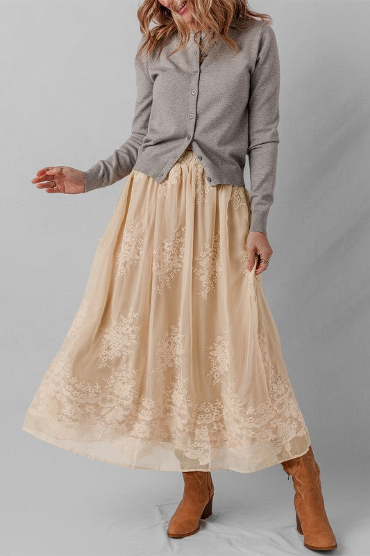 Embroidered Mesh Overlay Midi Skirt-Reef Love