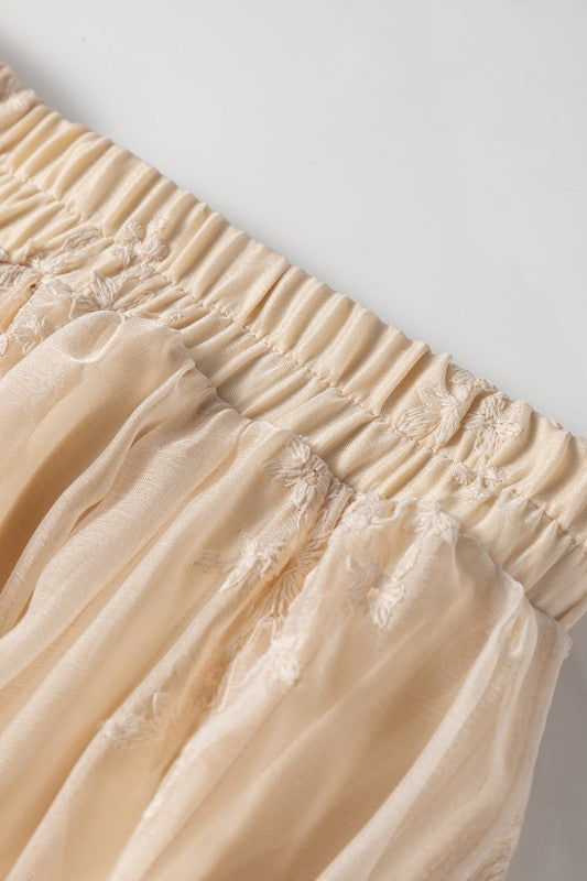 Embroidered Mesh Overlay Midi Skirt-Reef Love