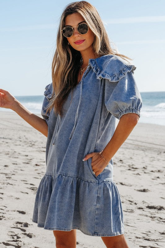 Emory Ruffled Collared Denim Dress