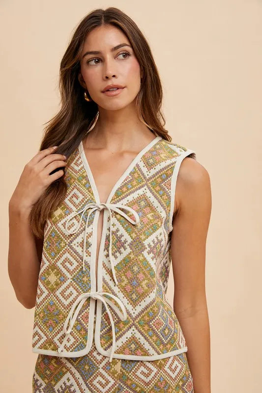 Ethnic Woven Jacquard Tie Front Vest-Sweater Vest-Reef Love