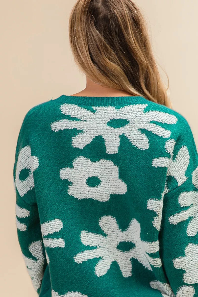 Evergreen Bloom Floral Knit Sweater-Reef Love