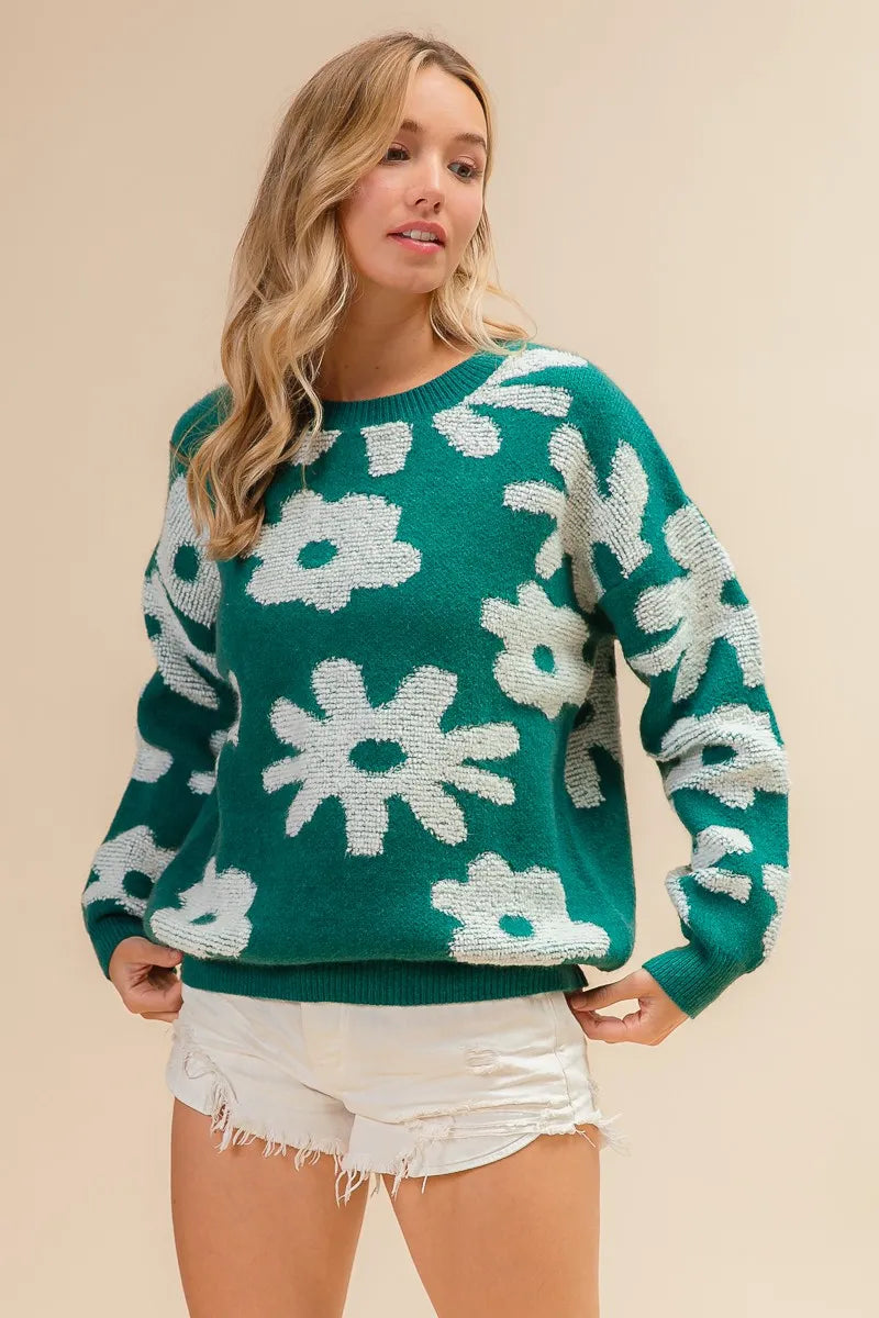 Evergreen Bloom Floral Knit Sweater-Reef Love