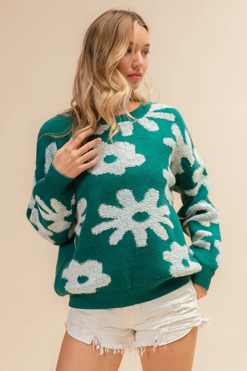 Evergreen Bloom Floral Knit Sweater-Reef Love