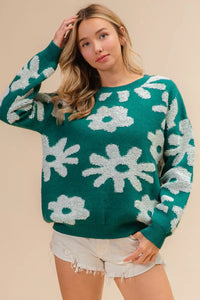 Evergreen Bloom Floral Knit Sweater-Reef Love