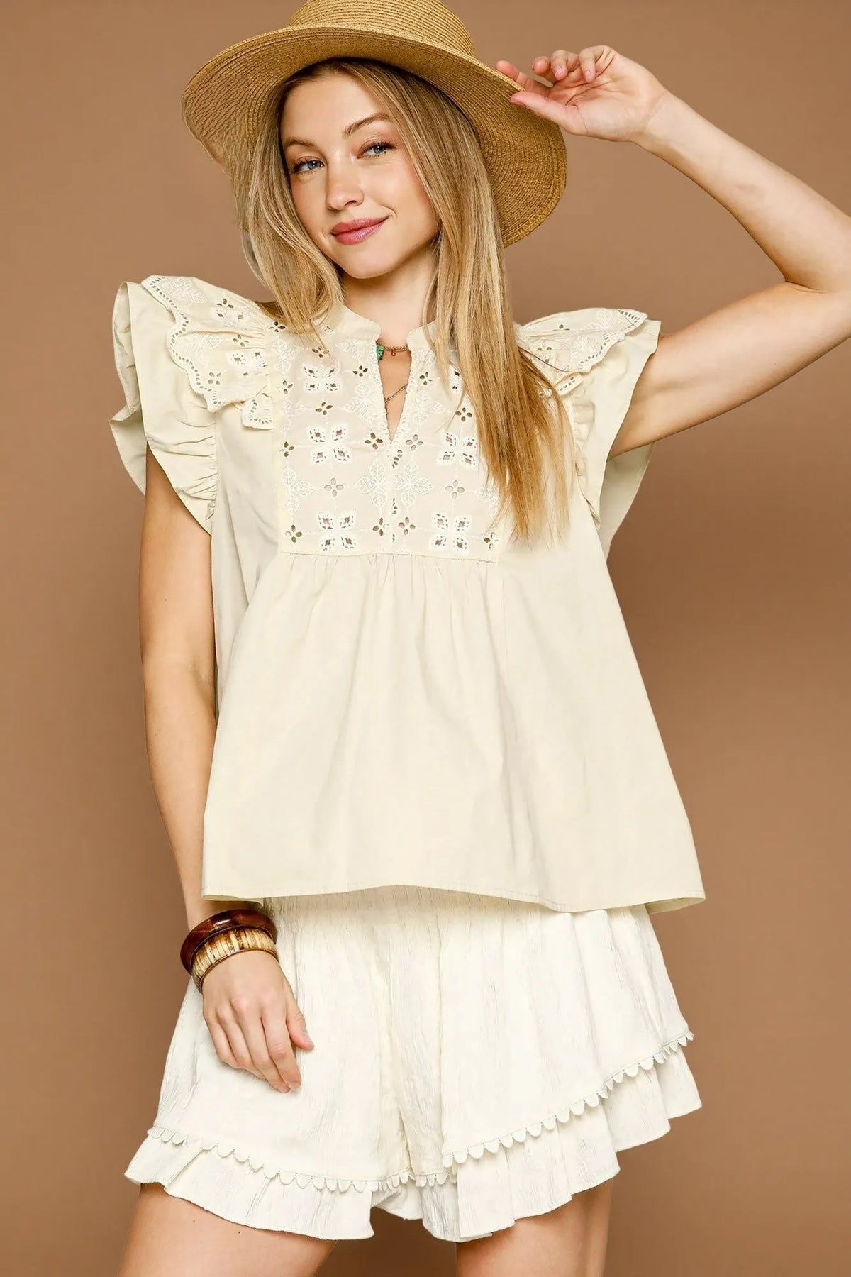 Eyelet Embroidered Ruffle Sleeve Blouse-Blouse-Umgee-Reef Love