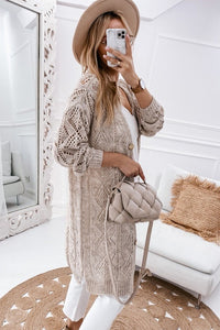 Shop Eyelet Long Sweater Cardigan-Lightweight eyelet knit long cardigan with button front and relaxed sleeves. Perfect for layering—casual, chic, and breathable.-available at Reef Love online boho-chic boutique