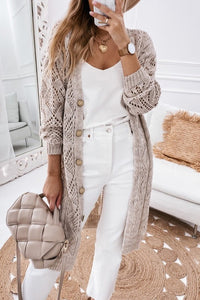 Shop Eyelet Long Sweater Cardigan-Lightweight eyelet knit long cardigan with button front and relaxed sleeves. Perfect for layering—casual, chic, and breathable.-available at Reef Love online boho-chic boutique