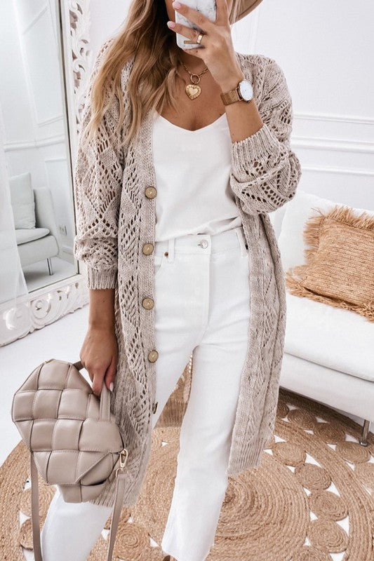 Shop Eyelet Long Sweater Cardigan-Lightweight eyelet knit long cardigan with button front and relaxed sleeves. Perfect for layering—casual, chic, and breathable.-available at Reef Love online boho-chic boutique